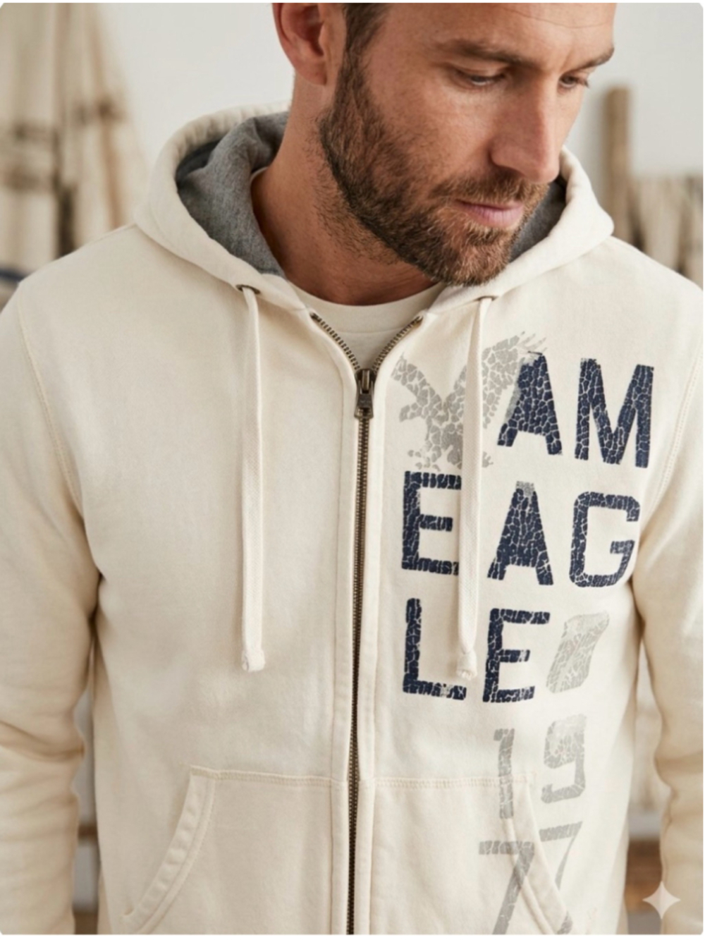 American Eagle Cream Full Zip Hoodie Graphic Applique Vintage Y2K Mens XL 2087